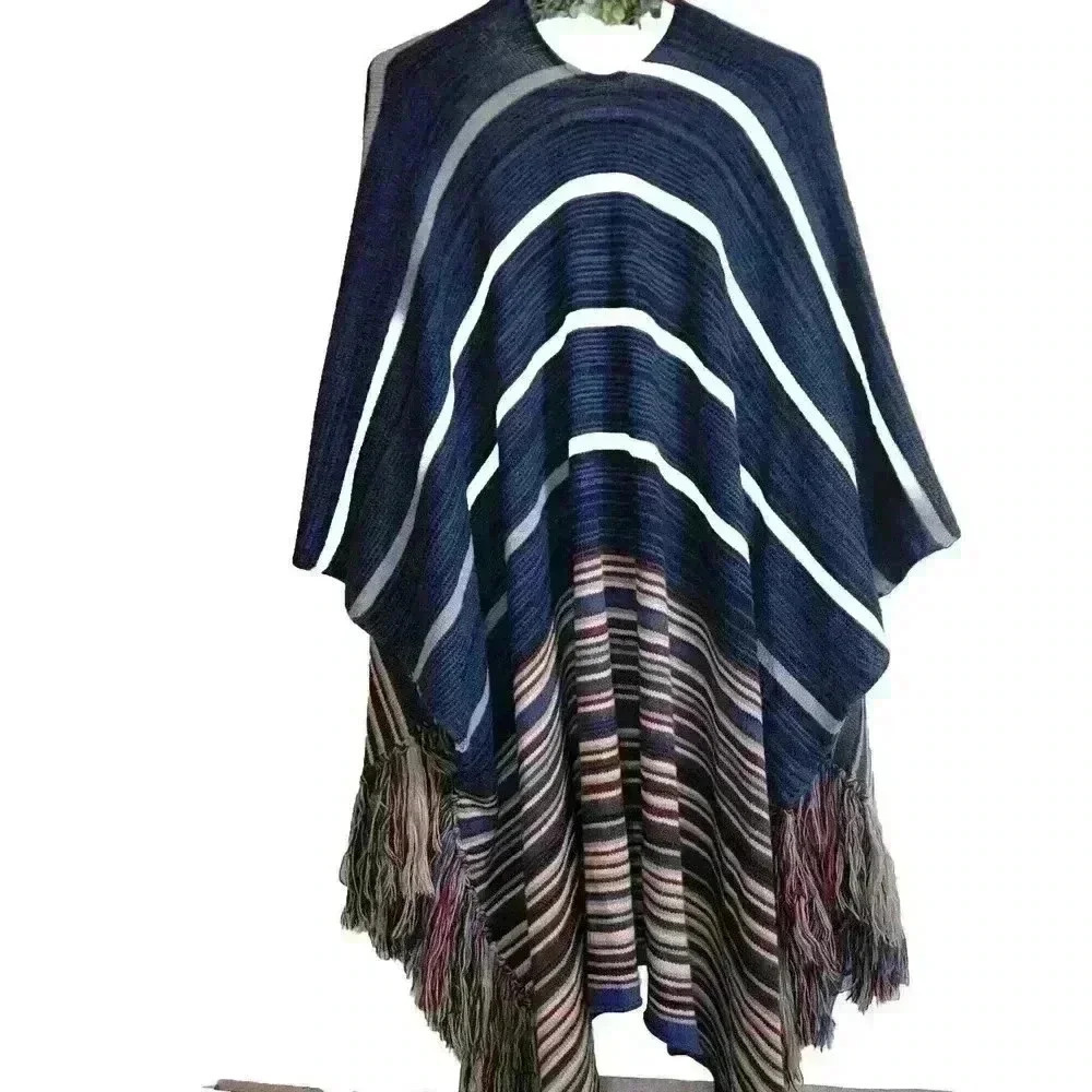 Ashley Stewart Womens Poncho Cape One Size Boho Striped Multicolor - Picture 3 of 11